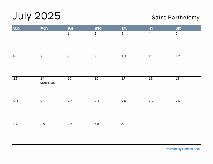 July 2025 Simple Monthly Calendar for Saint Barthelemy