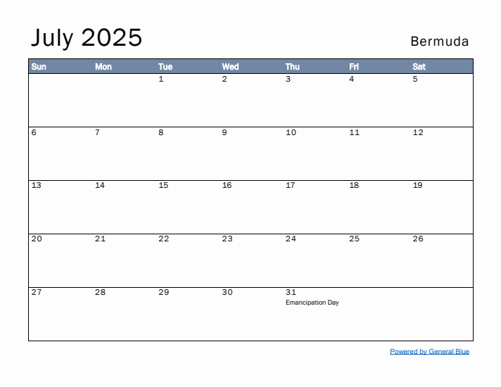 July 2025 Simple Monthly Calendar for Bermuda