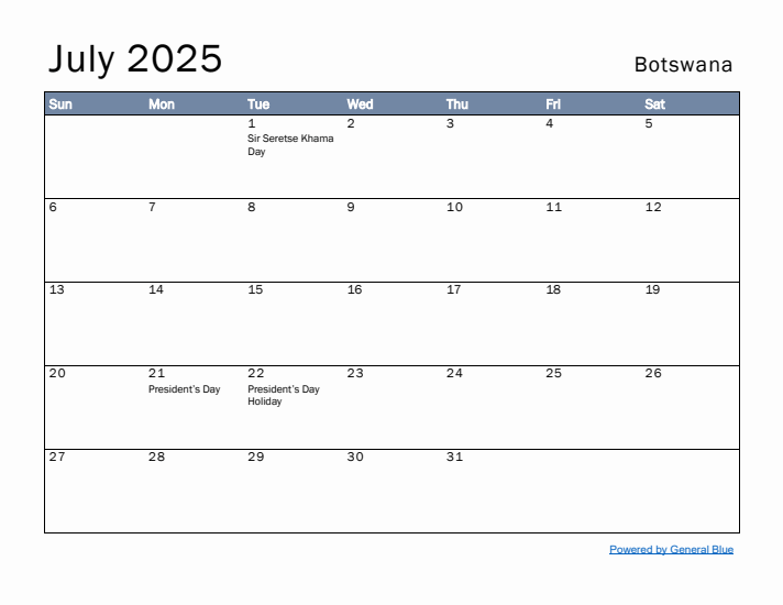 July 2025 Simple Monthly Calendar for Botswana