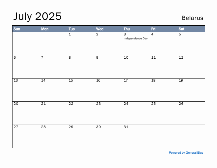 July 2025 Simple Monthly Calendar for Belarus