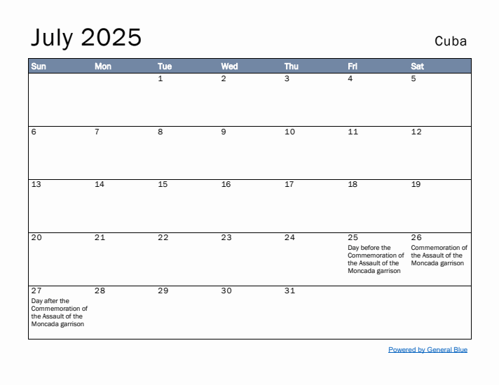 July 2025 Simple Monthly Calendar for Cuba