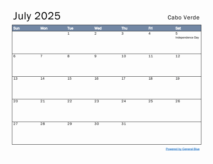 July 2025 Simple Monthly Calendar for Cabo Verde