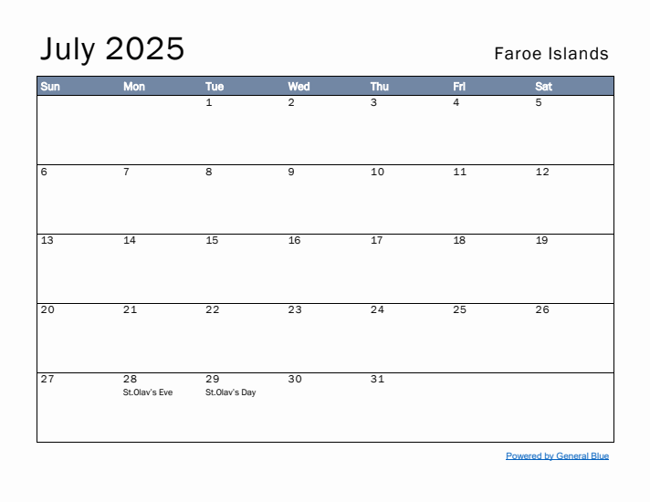 July 2025 Simple Monthly Calendar for Faroe Islands