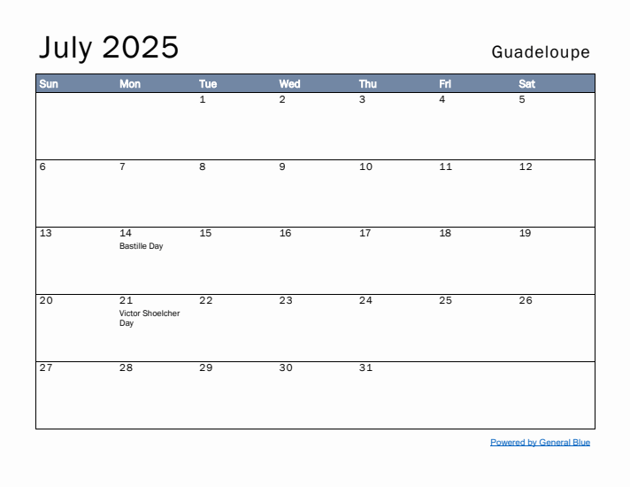 July 2025 Simple Monthly Calendar for Guadeloupe