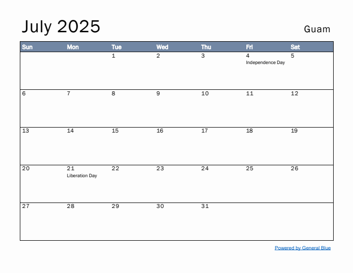 July 2025 Simple Monthly Calendar for Guam