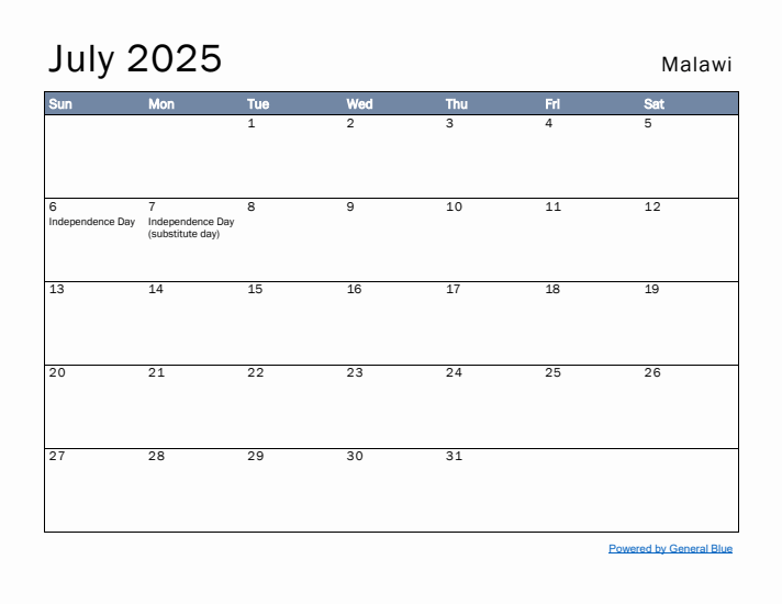 July 2025 Simple Monthly Calendar for Malawi