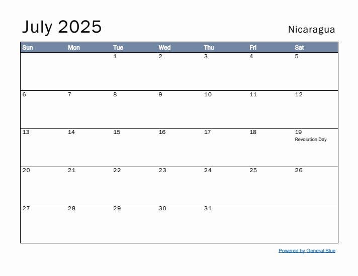 July 2025 Simple Monthly Calendar for Nicaragua