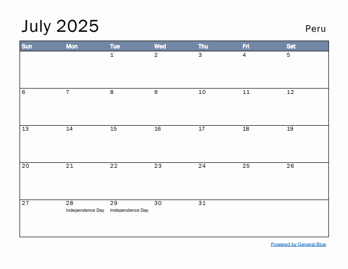 July 2025 Simple Monthly Calendar for Peru