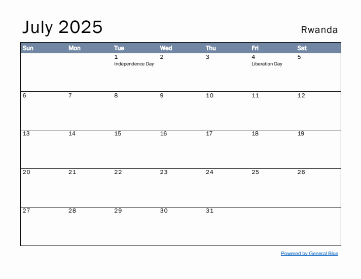 July 2025 Simple Monthly Calendar for Rwanda