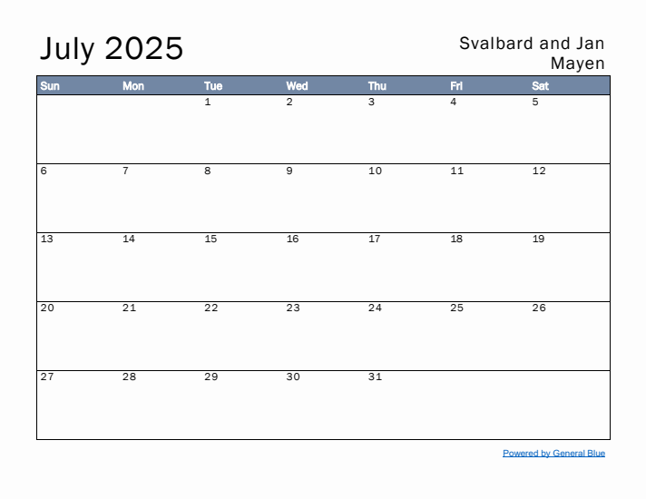 July 2025 Simple Monthly Calendar for Svalbard and Jan Mayen