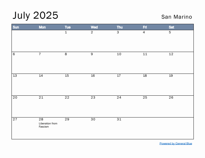 July 2025 Simple Monthly Calendar for San Marino