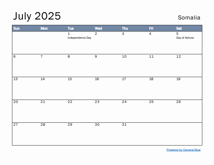 July 2025 Simple Monthly Calendar for Somalia