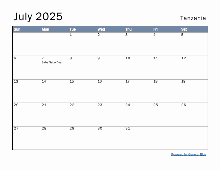 July 2025 Simple Monthly Calendar for Tanzania