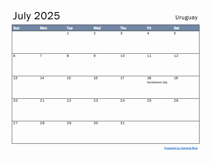 July 2025 Simple Monthly Calendar for Uruguay