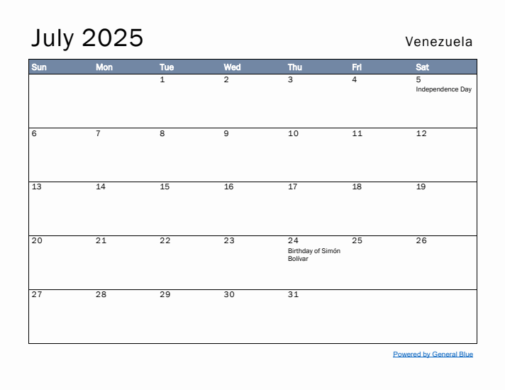 July 2025 Simple Monthly Calendar for Venezuela