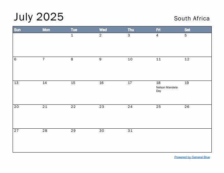 July 2025 Simple Monthly Calendar for South Africa