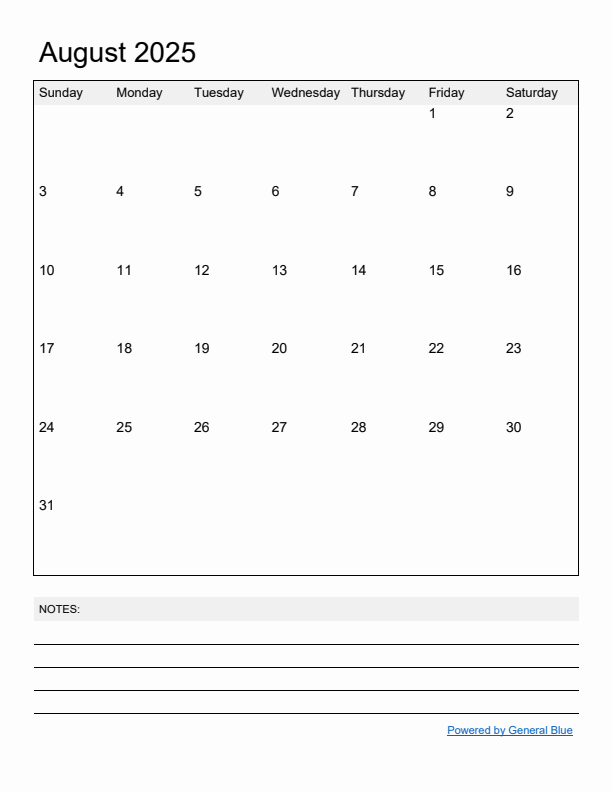 Basic Monthly Calendar Template for August 2025