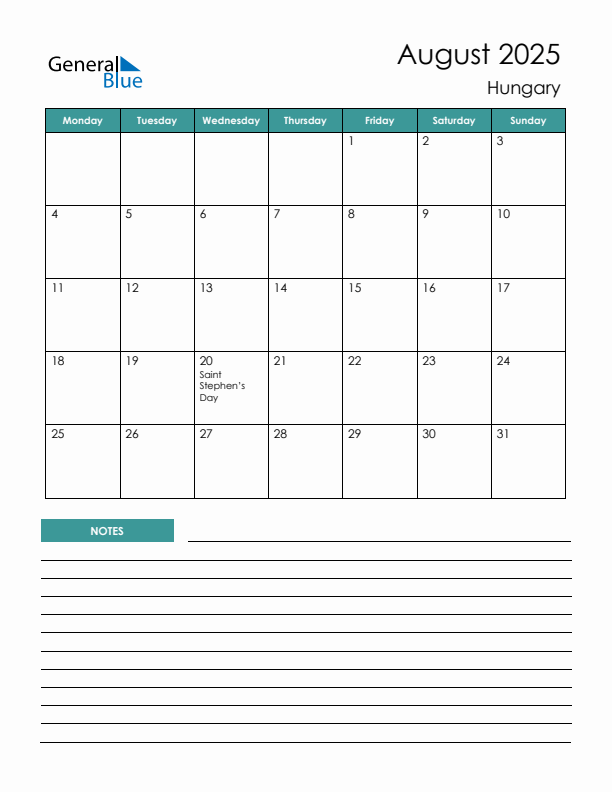 Calendar with Notes Printable - Monday Start