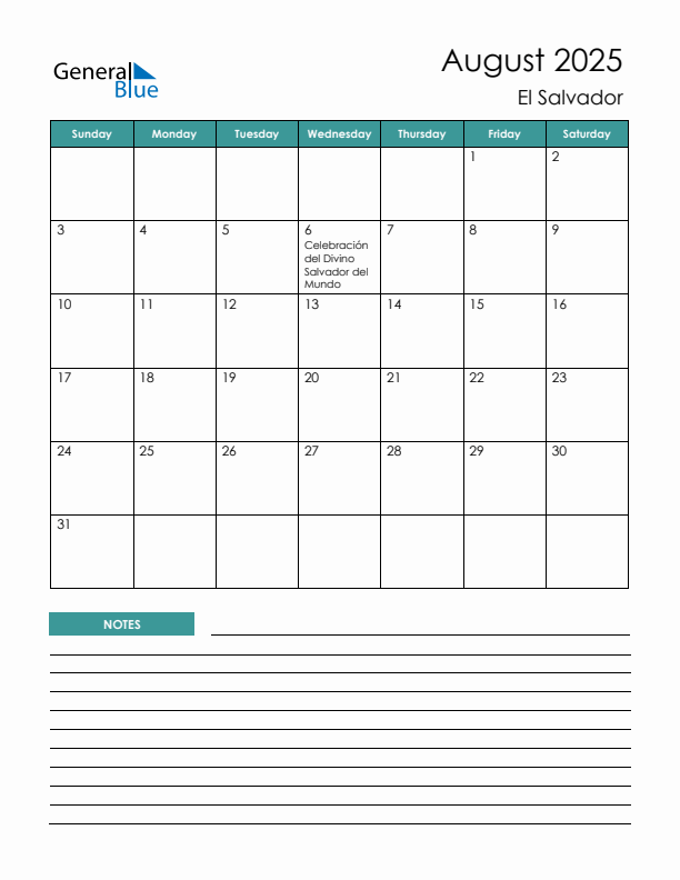 Calendar with Notes Printable - Sunday Start