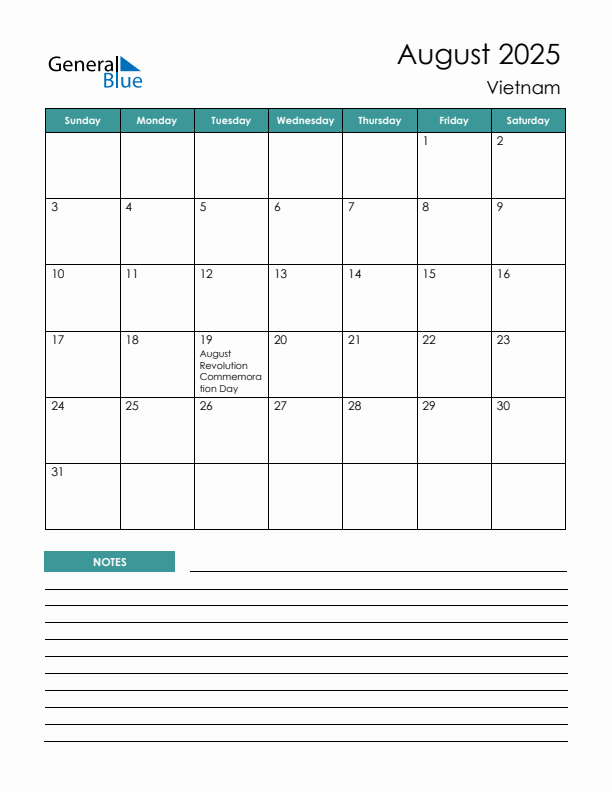 Calendar with Notes Printable - Sunday Start