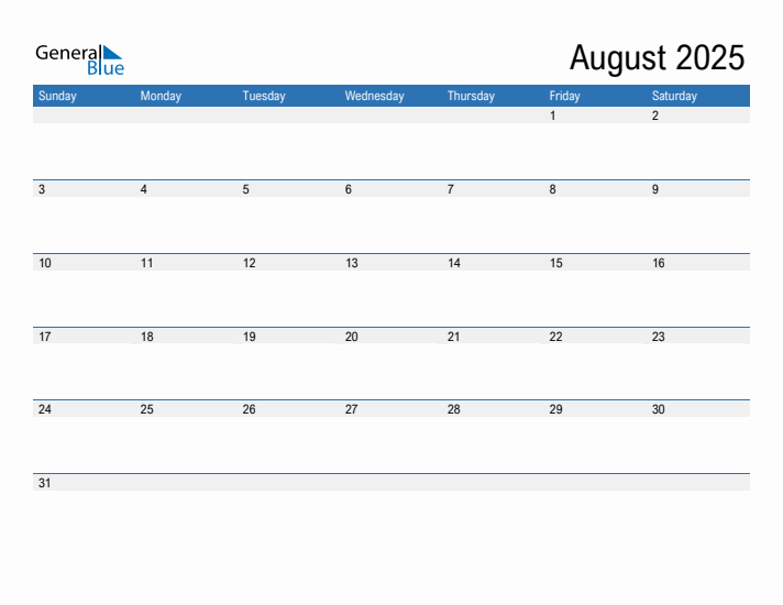 Fillable Calendar for August 2025