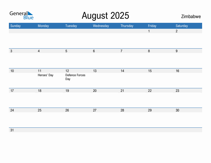 Fillable August 2025 Calendar