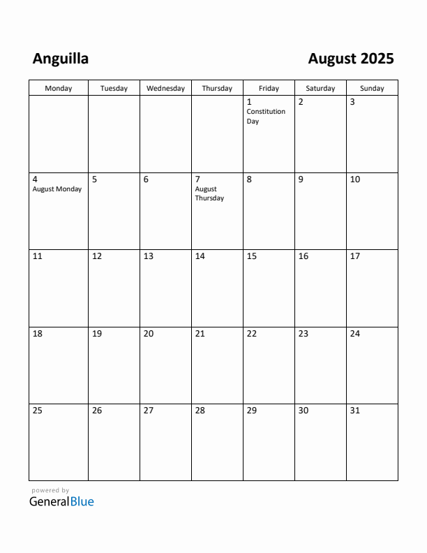 August 2025 Calendar with Anguilla Holidays