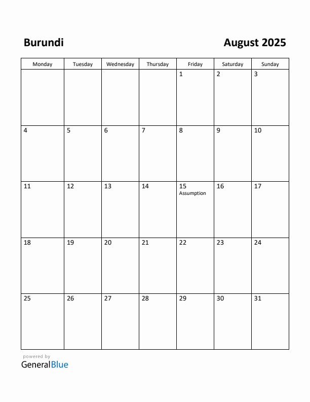 August 2025 Calendar with Burundi Holidays