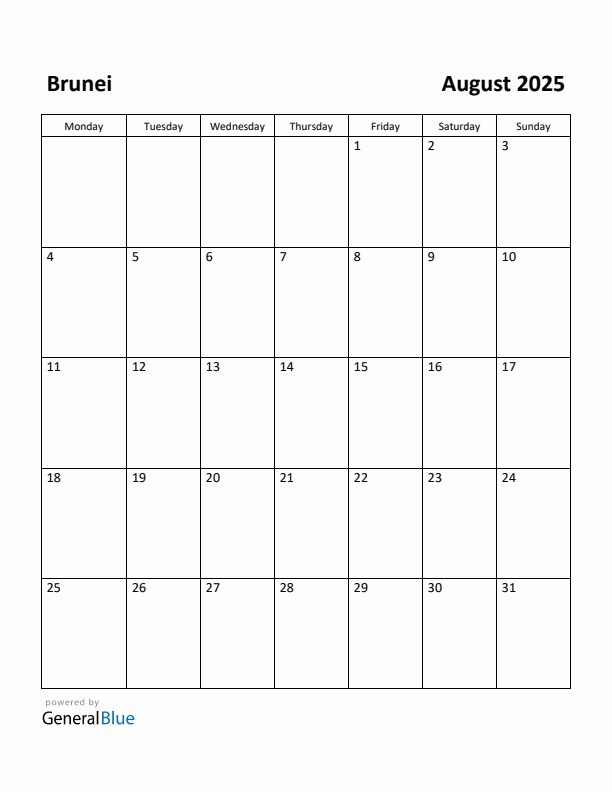 August 2025 Calendar with Brunei Holidays