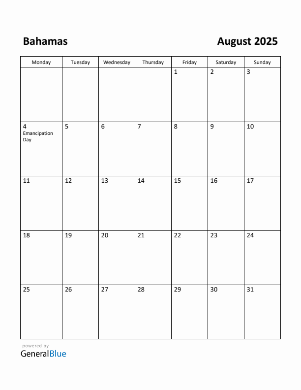 August 2025 Calendar with Bahamas Holidays