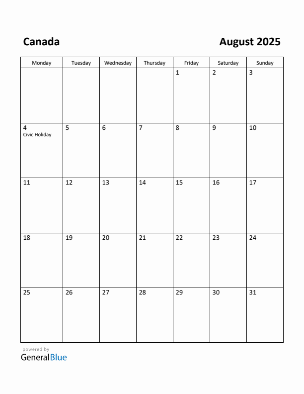 August 2025 Calendar with Canada Holidays