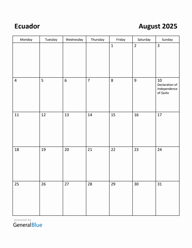 August 2025 Calendar with Ecuador Holidays