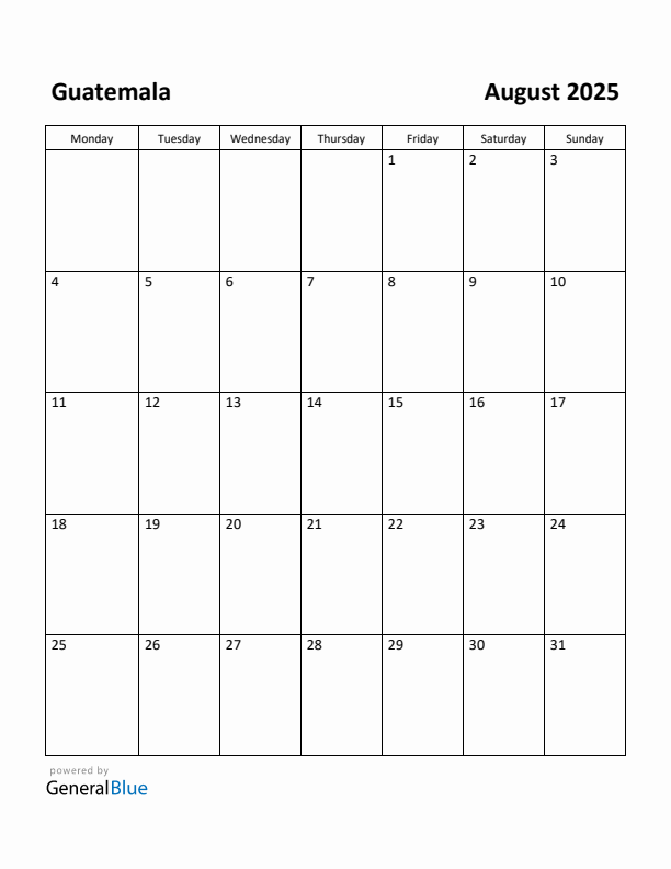 August 2025 Calendar with Guatemala Holidays