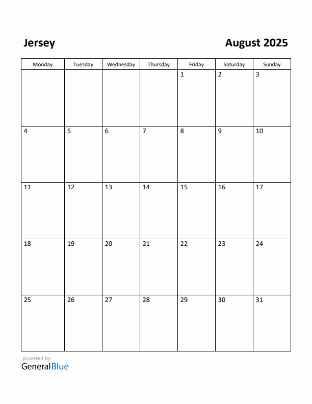 August 2025 Calendar with Jersey Holidays