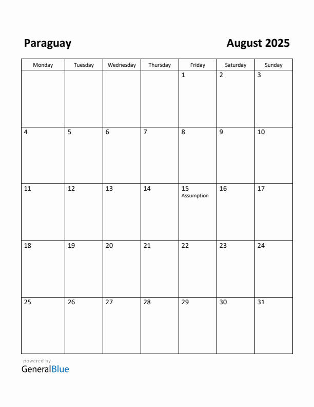 August 2025 Calendar with Paraguay Holidays