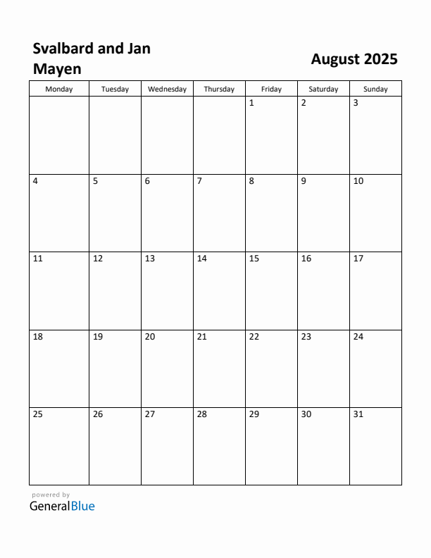 August 2025 Calendar with Svalbard and Jan Mayen Holidays