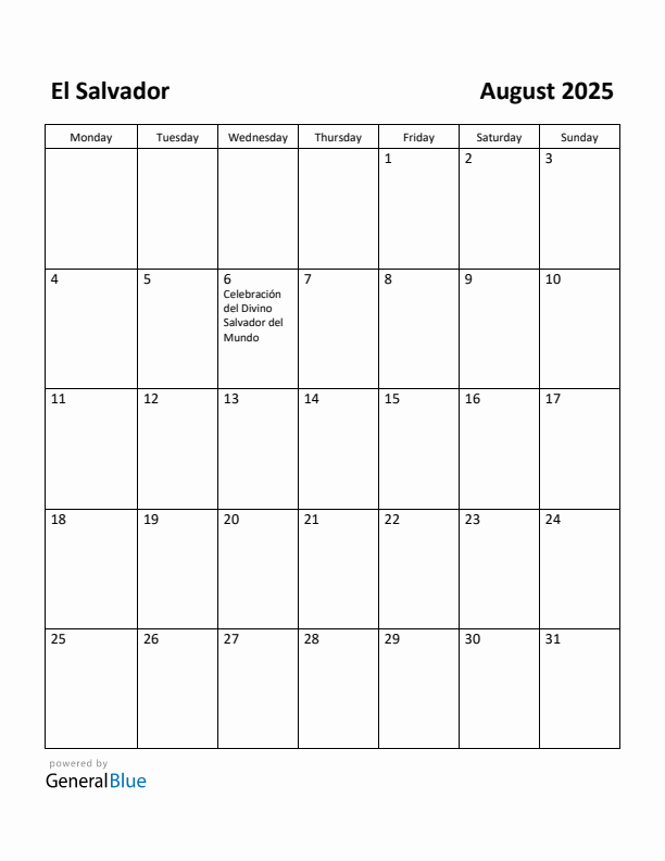 August 2025 Calendar with El Salvador Holidays