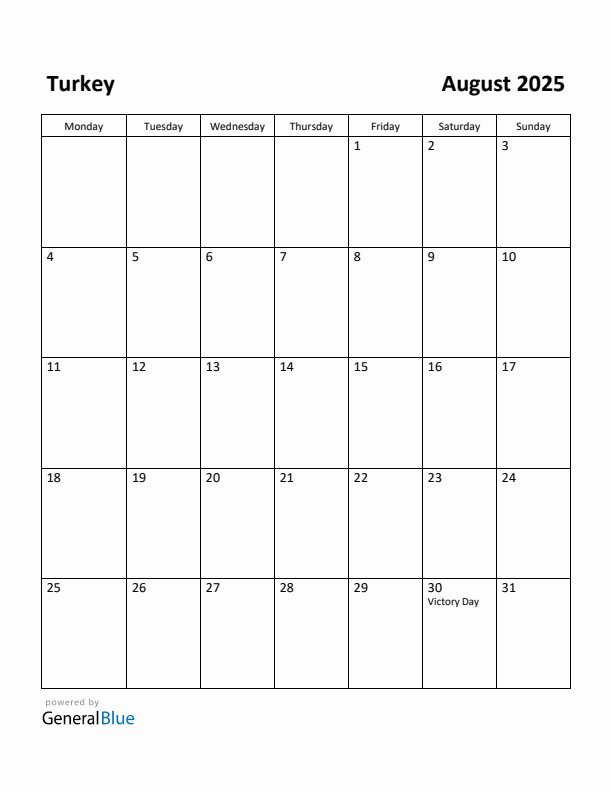 August 2025 Calendar with Turkey Holidays