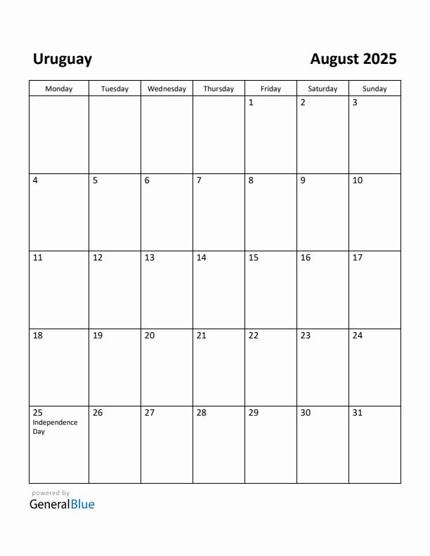 August 2025 Calendar with Uruguay Holidays