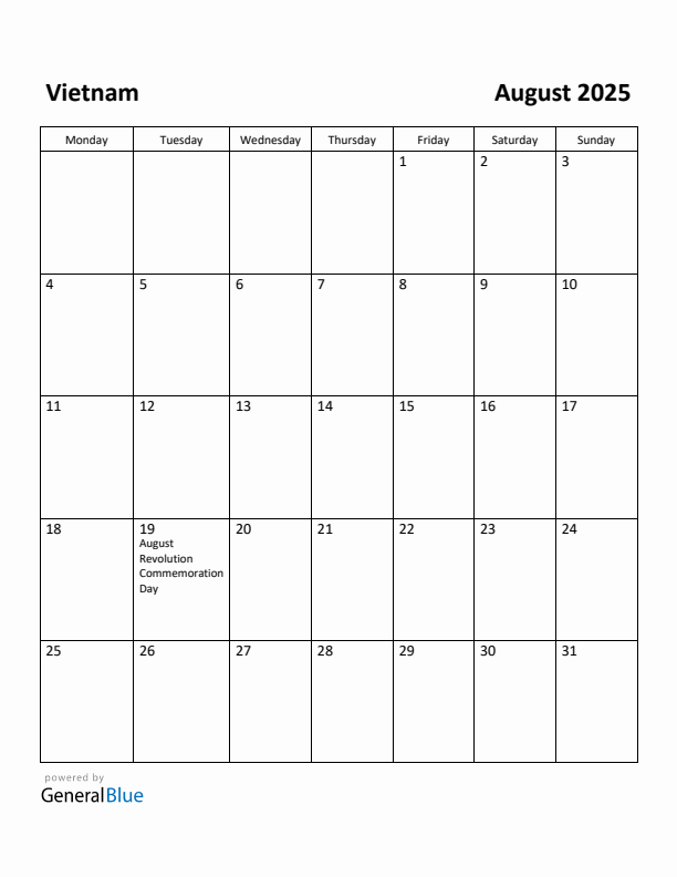 August 2025 Calendar with Vietnam Holidays