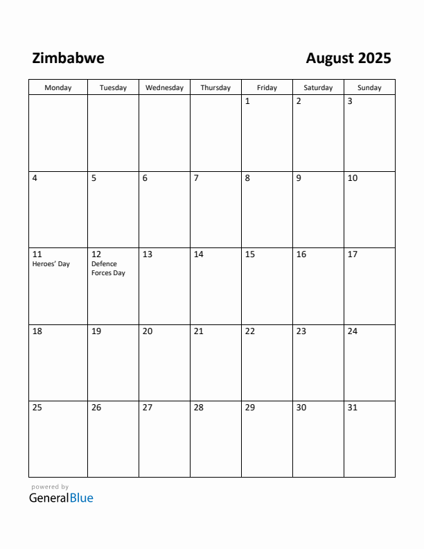 August 2025 Calendar with Zimbabwe Holidays