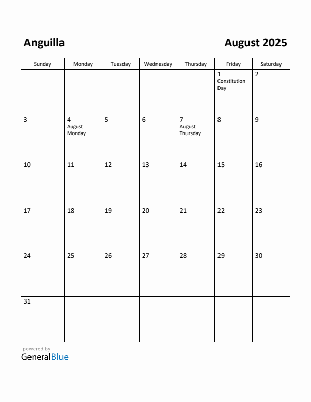 August 2025 Calendar with Anguilla Holidays