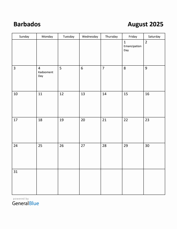 August 2025 Calendar with Barbados Holidays