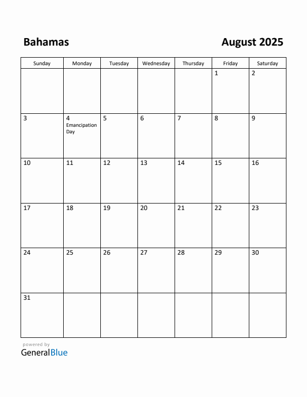 August 2025 Calendar with Bahamas Holidays