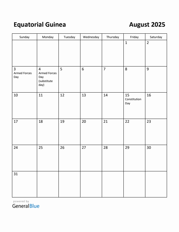 August 2025 Calendar with Equatorial Guinea Holidays