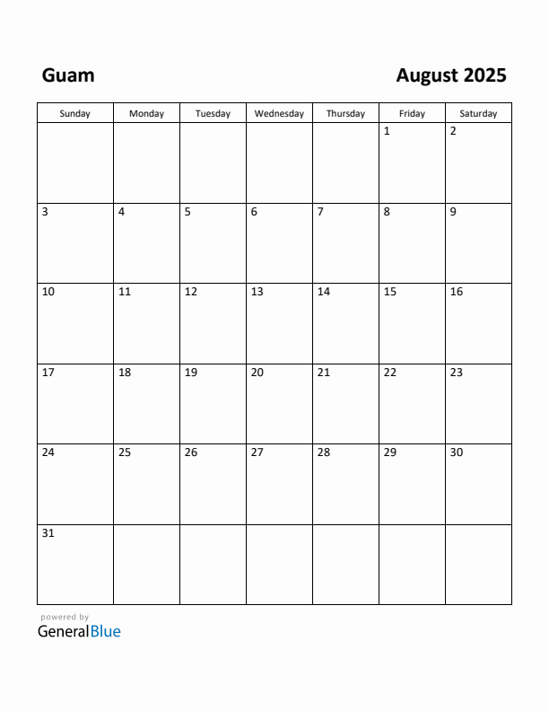 August 2025 Calendar with Guam Holidays