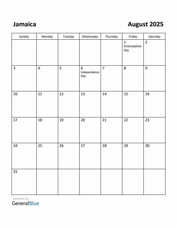 August 2025 Calendar with Jamaica Holidays