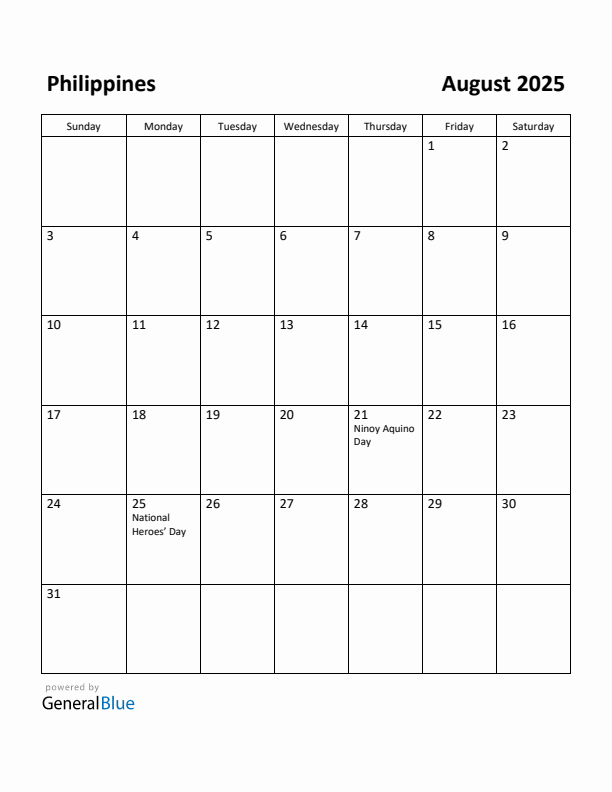 August 2025 Calendar with Philippines Holidays