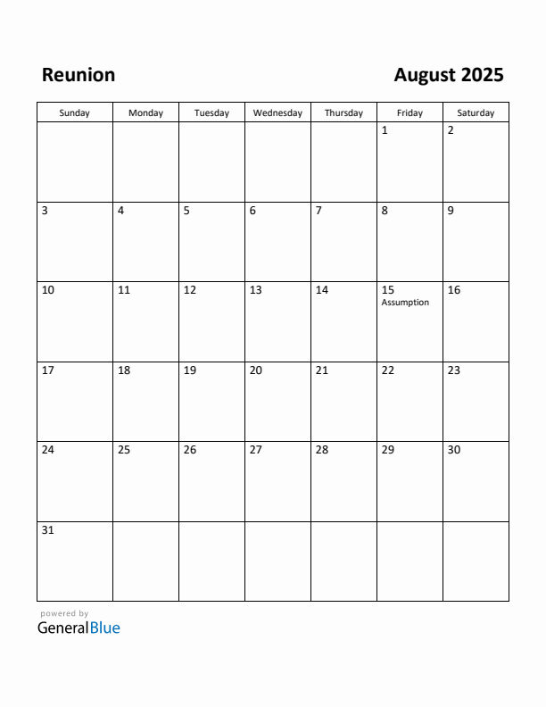 August 2025 Calendar with Reunion Holidays