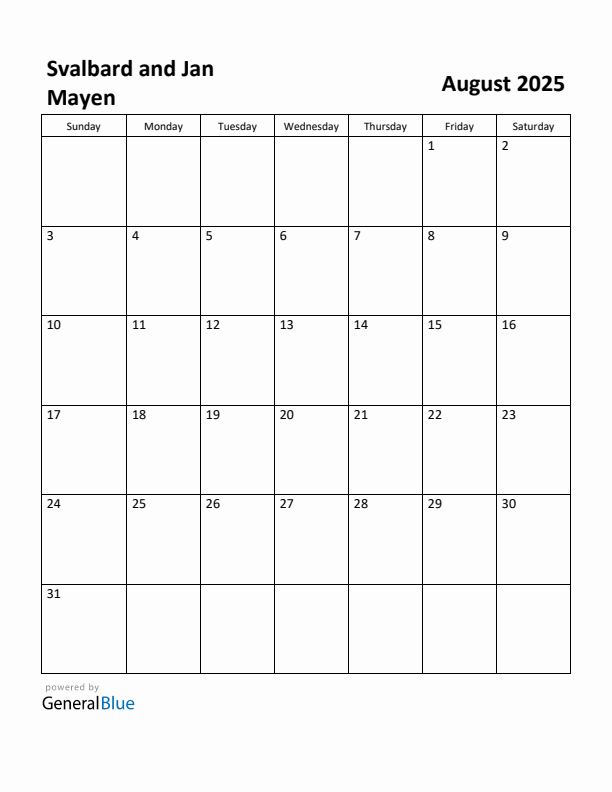 August 2025 Calendar with Svalbard and Jan Mayen Holidays